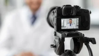 a video camera with a man in the background