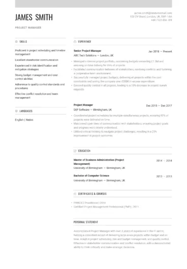 project manager CV example