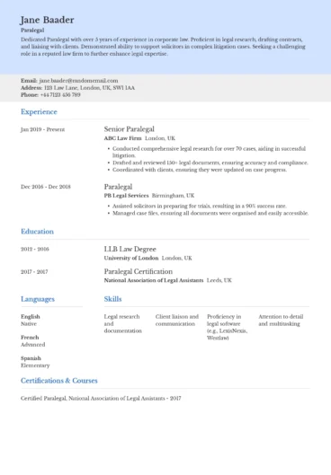 paralegal CV example